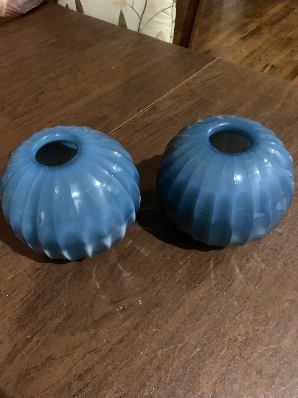Blue Ribbed Glass Candle Holders - Set of 2